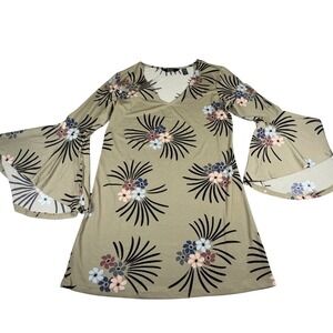 Du Jour Floral Bell Sleeve Tunic Top Women XS Boho V Neck Stretch Blouse